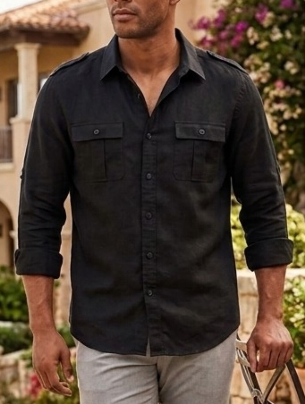 Sean John Men's Tailored Fit Size L Long Sleeve Button Up Linen Shirt Black
